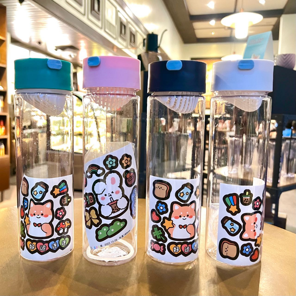 Transparent Water Plastic Bottle with Cartoon Sticker Outdoor Sports