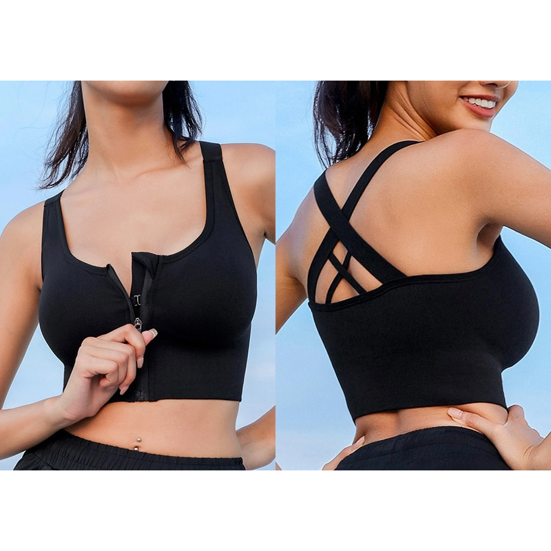 Wide shoulder sports bra woman yoga bra with front zipper bra professional  shockproof sport bra