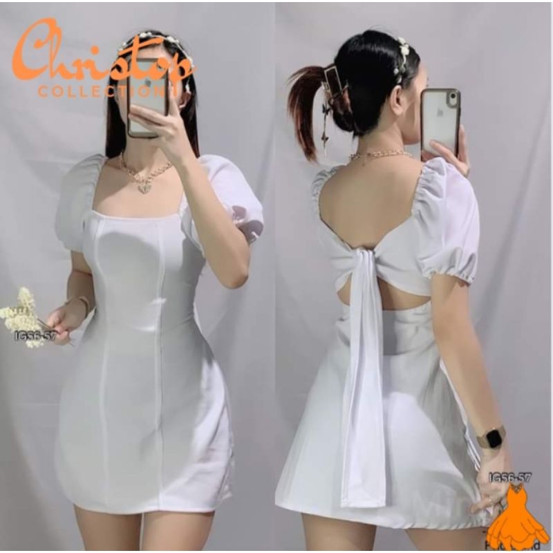 CLOVER RIBBON BACK LESS SQUARENECK PUFF DRESS BY CHRISTOP COLLECTION ...