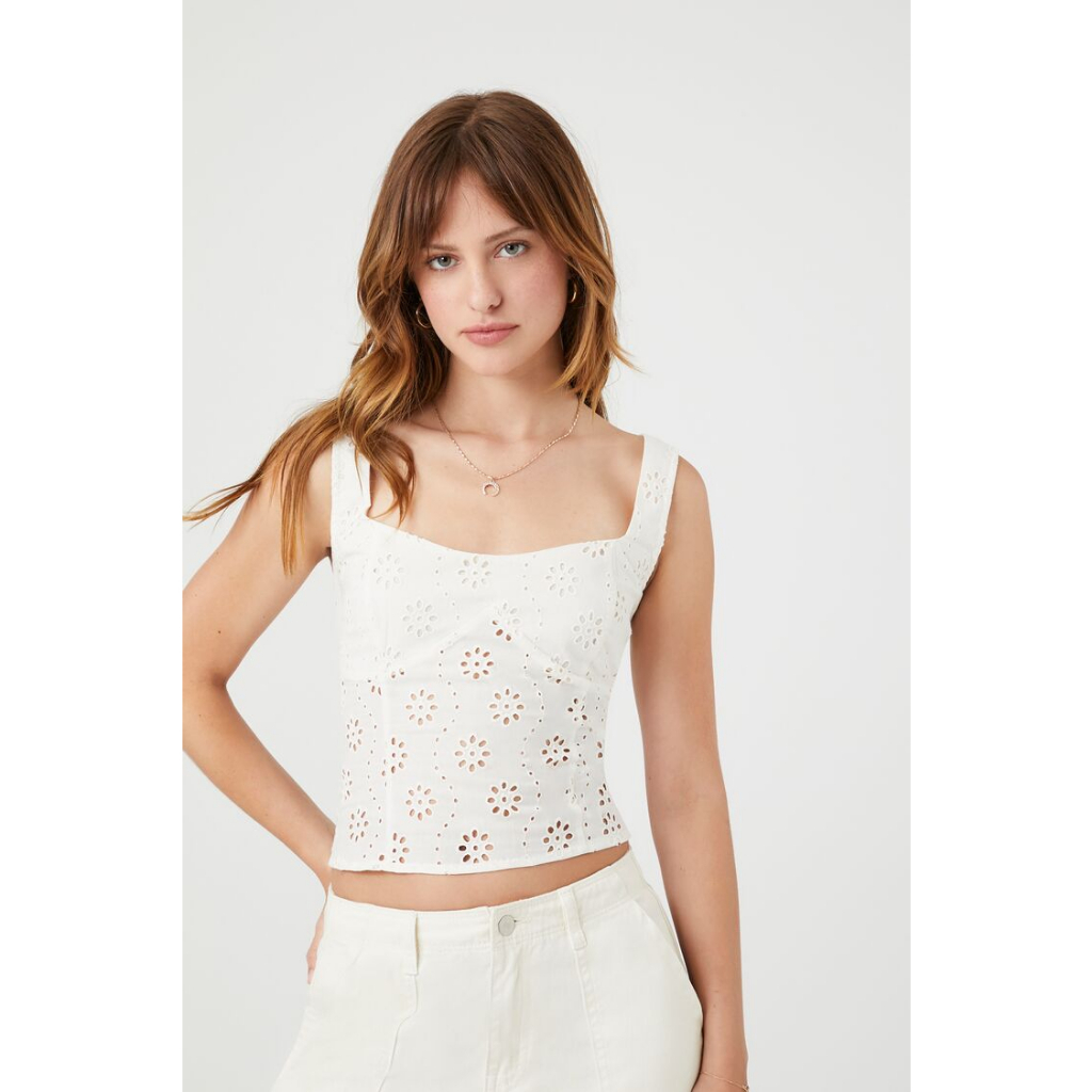 Forever 21 Women's Floral Eyelet Lace-Up Tank Top | Shopee Philippines