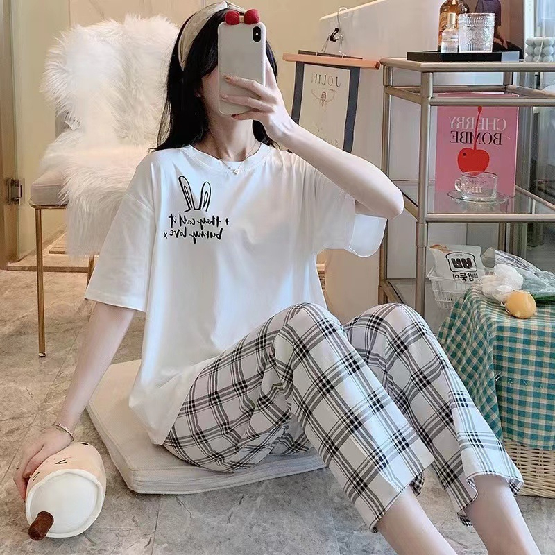 RT Korean Design Cotton Shirt Checker Pajamas Long Pants Nightwear