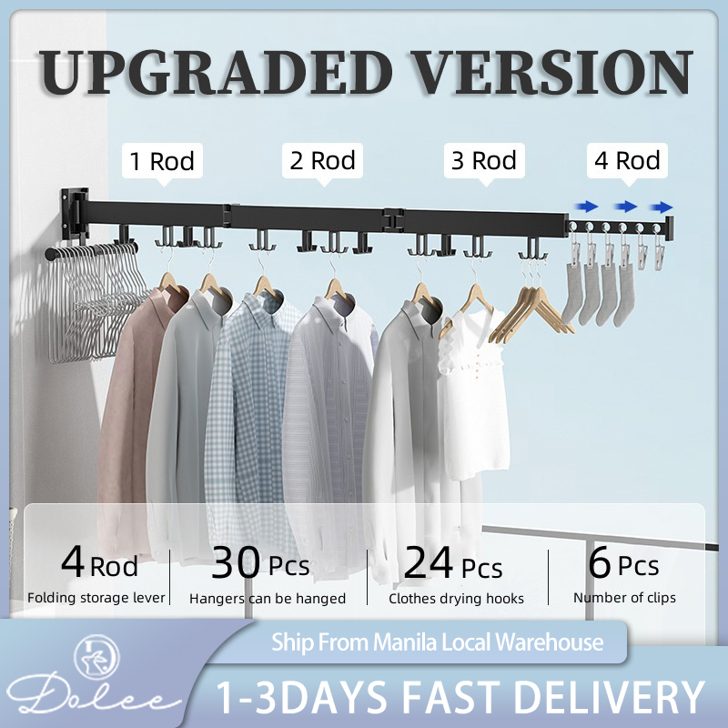 Retractable Clothes Towel Drying Rack Balcony Indoor Folding Wall Mounted  Hanger Telescopic Rotation