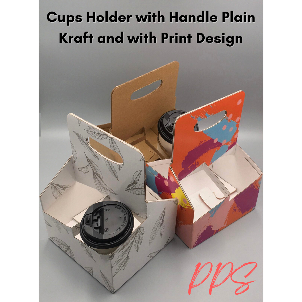 Cups Holder Handle Plain Kraft and with Design 20pcs - 2cups/4cups ...