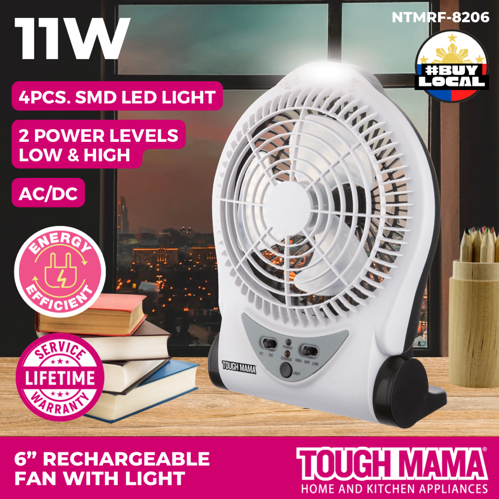 Tough Mama NTMRF8206 Rechargeable Electric Fan with LED Light 6” Table