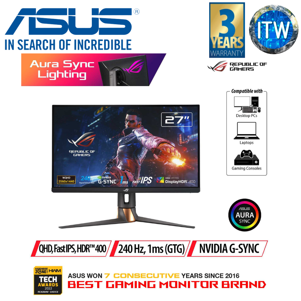 ITW ASUS ROG Swift PG279QM 27" 2560x1440 (QHD), 240Hz, IPS, 1ms (GTG) Flikerfree Gaming