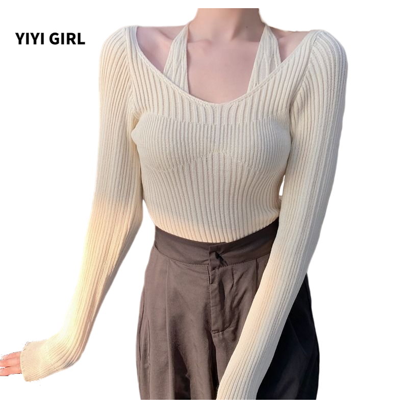 YIYI GIRL Sexy Knitted Halter Neck Long Sleeve Korean Fashion Short Off ...