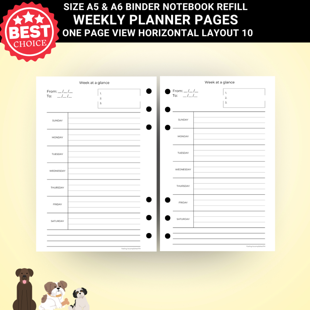 A5 A6 Undated Weekly Planner 1 Page Horizontal Layout Ring Binder