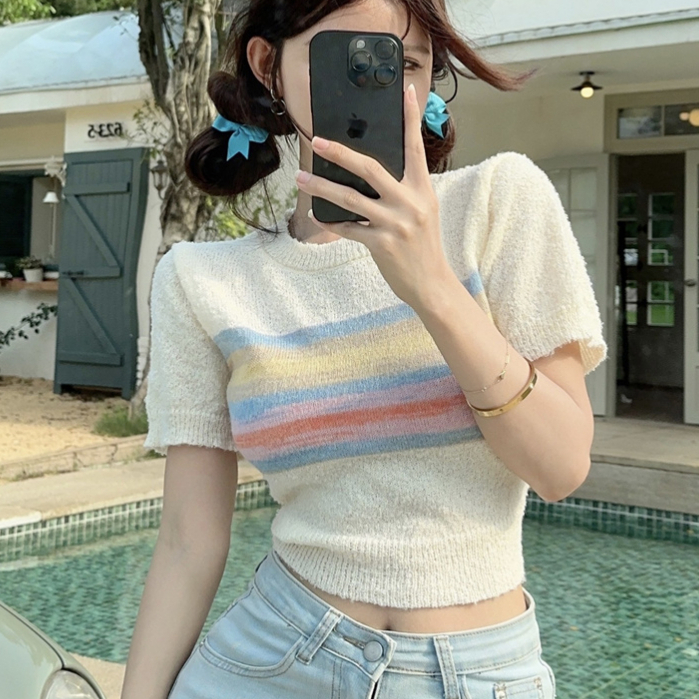Korean short sleeve t shirt Casual Contrasting color Round neck knitted ...