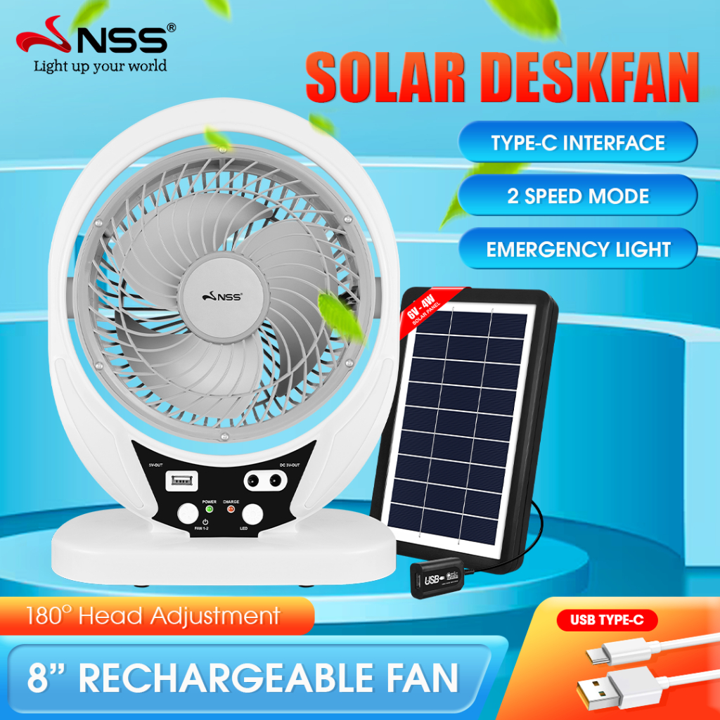 Nss Rechargeable Electric Fan With Solar Panel 8 Inch Desk Fan Portable Fan With Led Light 0135