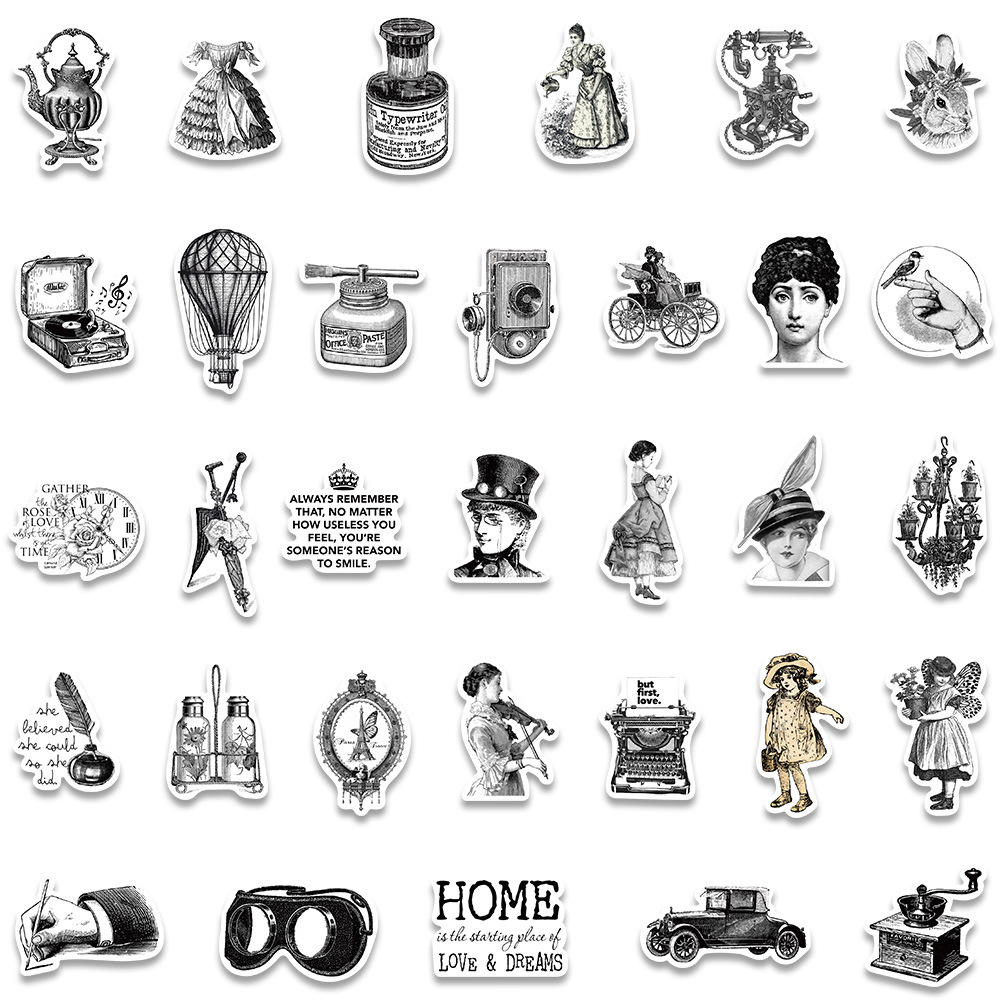 xs701-64 pcs retro style black and white object graffiti waterproof ...