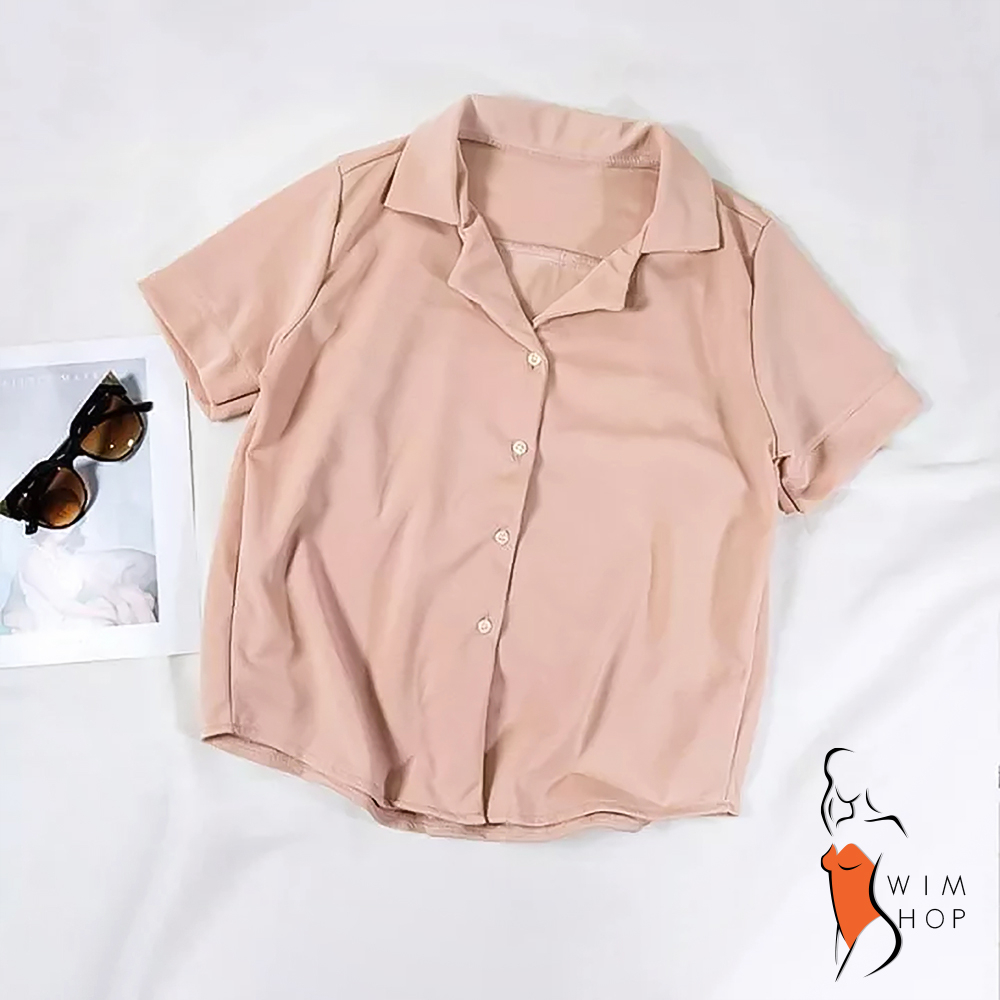 YesStyle almond short sleeved collar plain short sleeved button down polo  blouse beige nude neutral, Women's Fashion, Tops, Blouses on Carousell