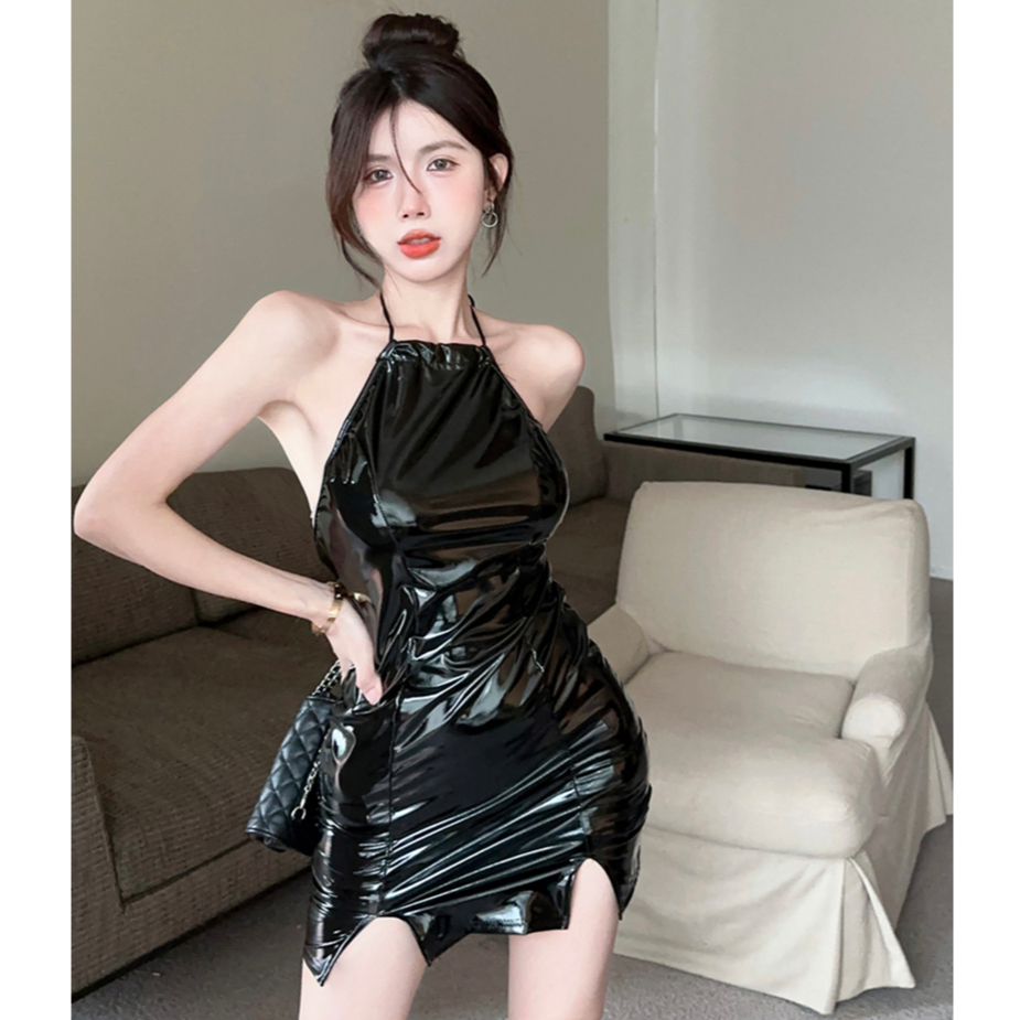 Open Back Split Strap Hanging Neck PU Black Leather High Waist Short