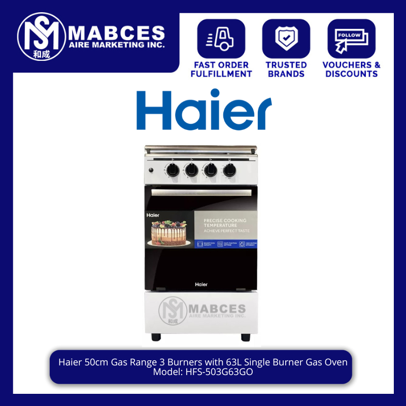 Haier 50cm Gas Range 3 Burners with 63L Single Burner Gas Oven HFS