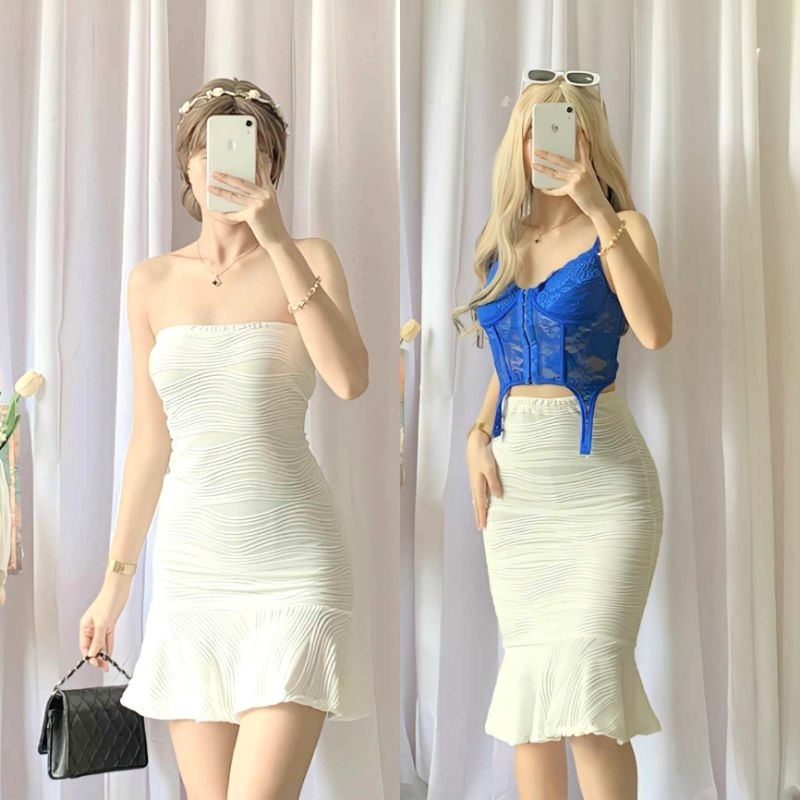 Andrea Embossed Wave Tube Ruffle Dress | Shopee Philippines