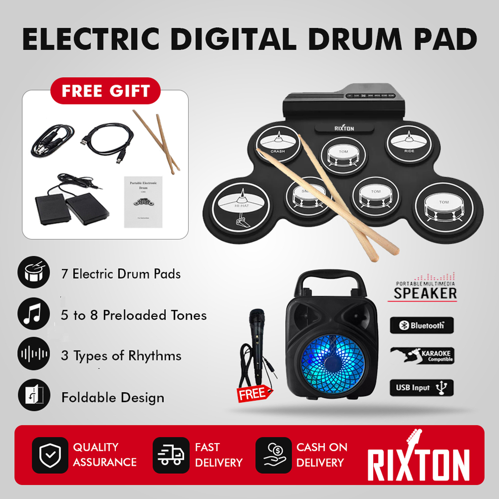 RIXTON Portable Electric Drum Pad Digital Drum Silicone With Drumsticks