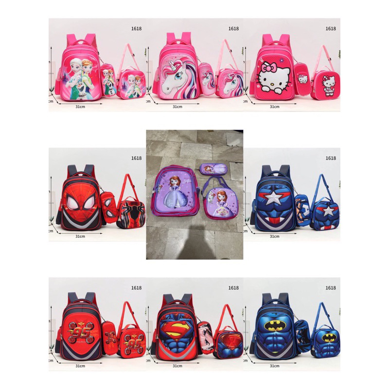 3D Cartoon Set of 3in1 with Pouch Sling Bag Backpack For Girls