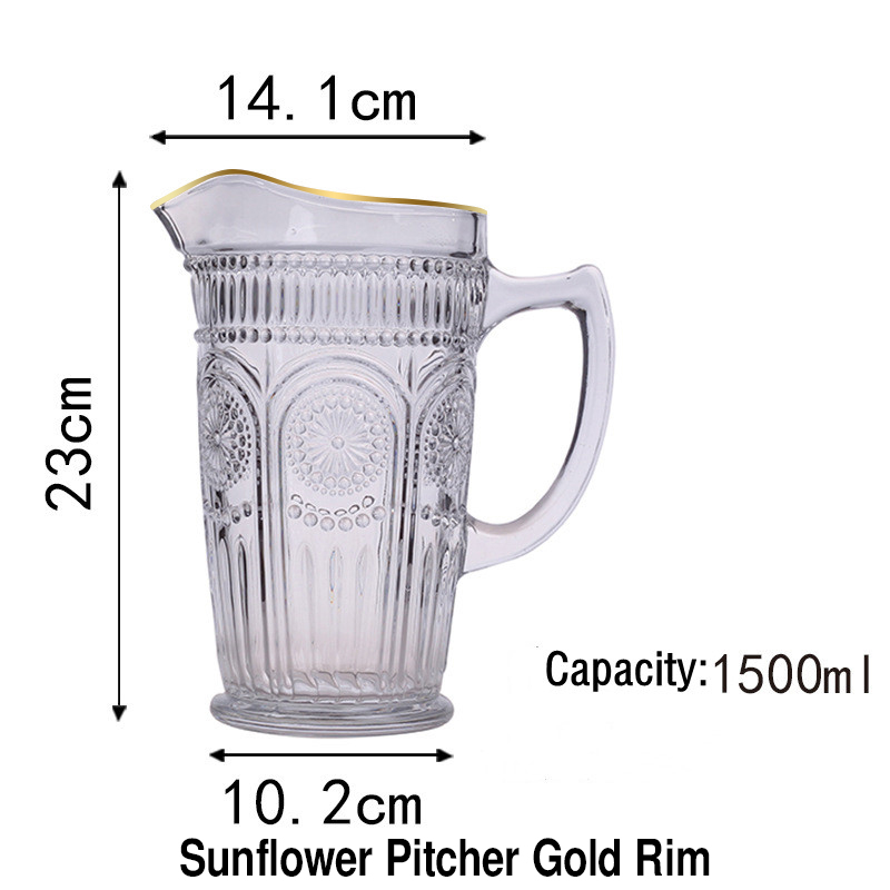 Vishine 6pcsset European Style Drinking Glass Cup Embossed Sunflower Goblet Pitcher Beverage 2045