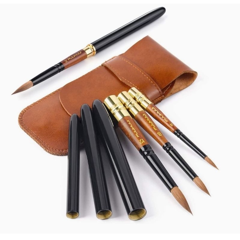 Fuumuui 6-Piece Extended Needle Point Watercolor Brushes - Synthetic & Sable Blend, Extra Long Tip For Fine Detailing, Short Handle