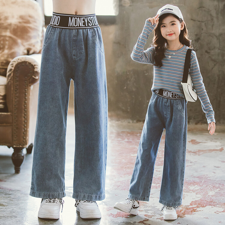 Girls Jeans Wide leg Trousers Aesthetic Denim Pants for Kids Korean ...