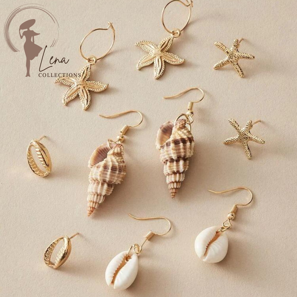 5pairs Pearl Shell Starfish Conch Decor Earrings Fashion Elegant 