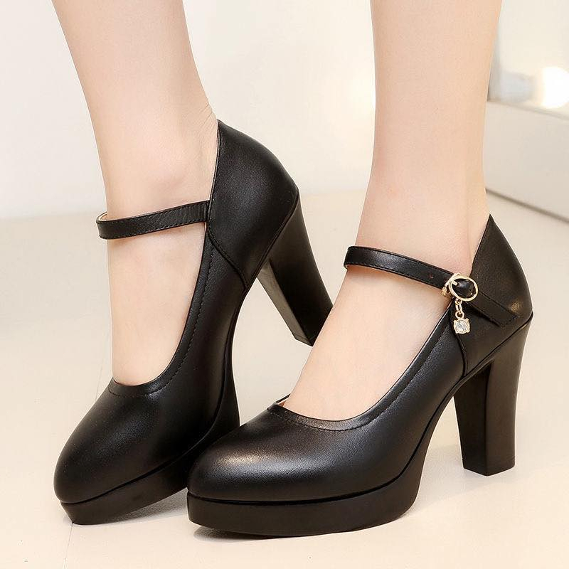 Black fashion block heel work shoes