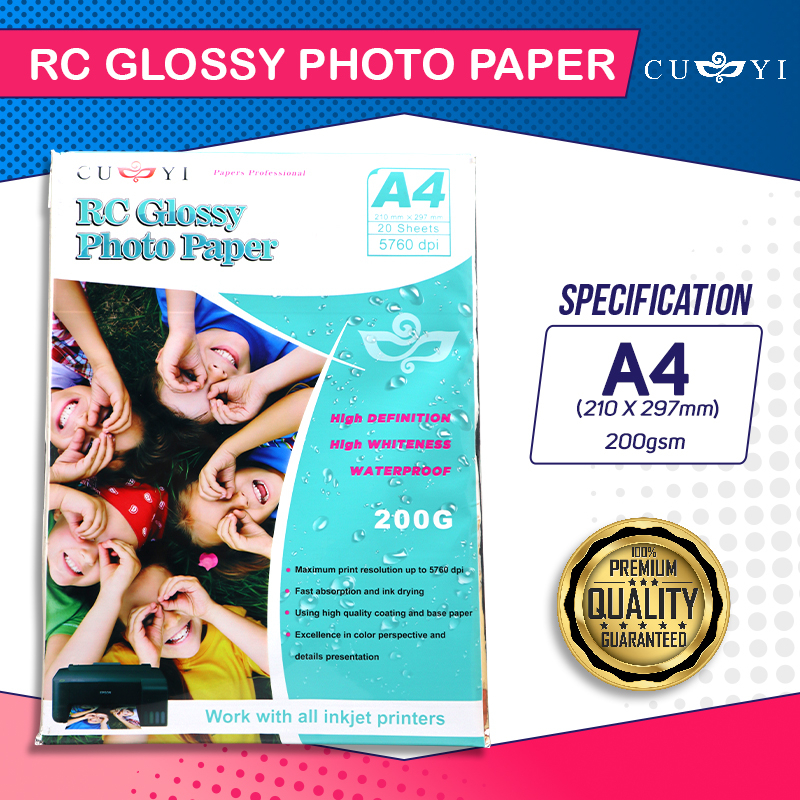 200gsm Cuyi Rc High Glossy Photo Paper A4 20 Sheets Pack No Back