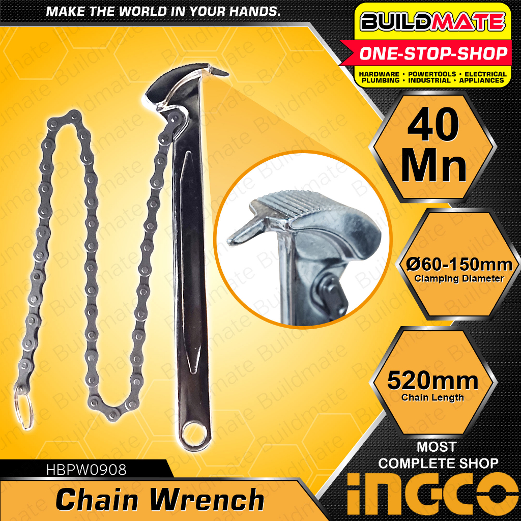BUILDMATE Ingco Chain Pipe Wrench 40Mn Ratcheting Chain Wrench Oil