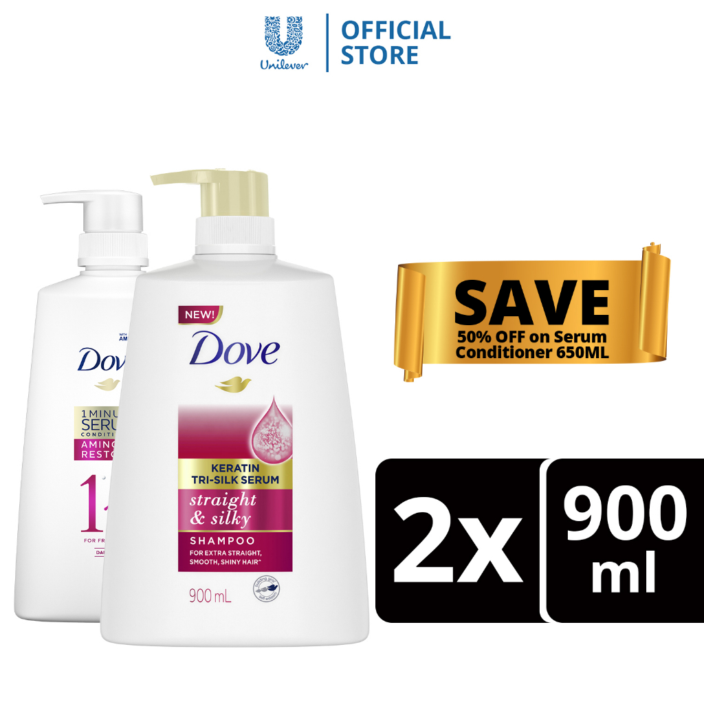 Dove Shampoo Straight & Silky 900ml + Dove 1 Minute Serum Conditioner ...