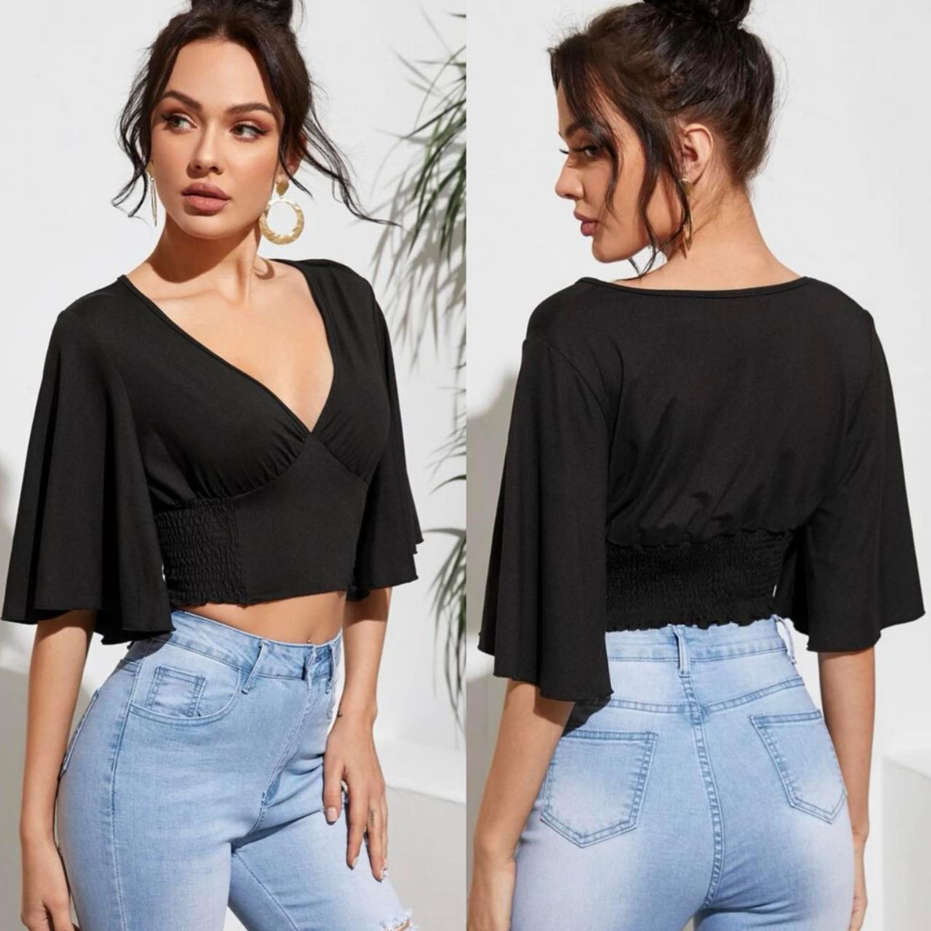 EMILY VCAY Flutter Sleeve Shirred Panel Crop Top | Shopee Philippines