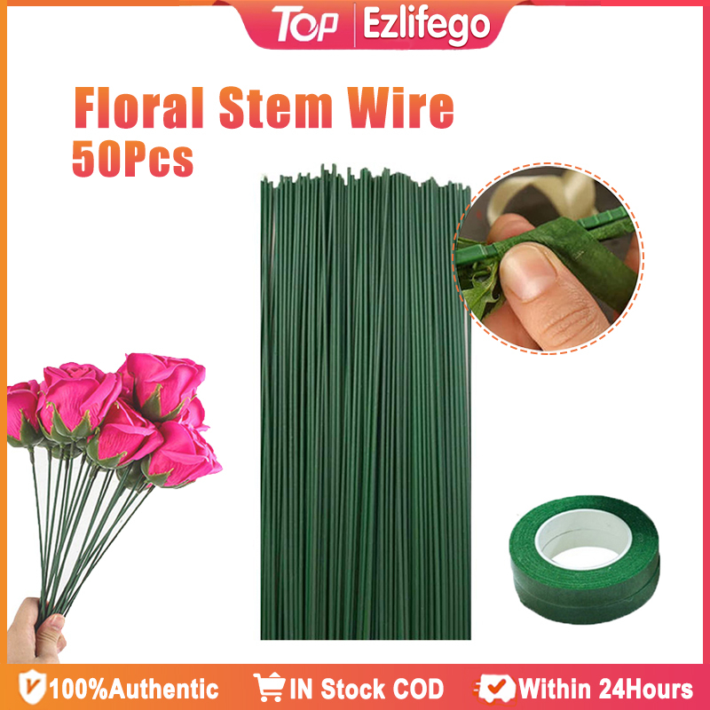 50 Pcs Floral Stem Wire With Tape Green Plastic DIY Bouquet Material
