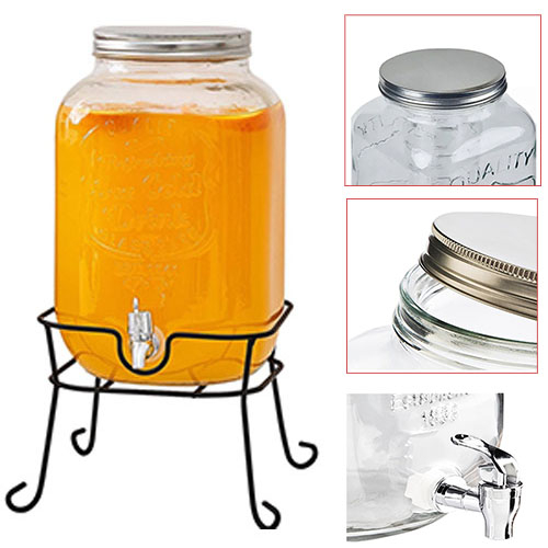 3.5L Juice Beverage Glass Jar Dispenser With Metal Stand and faucet