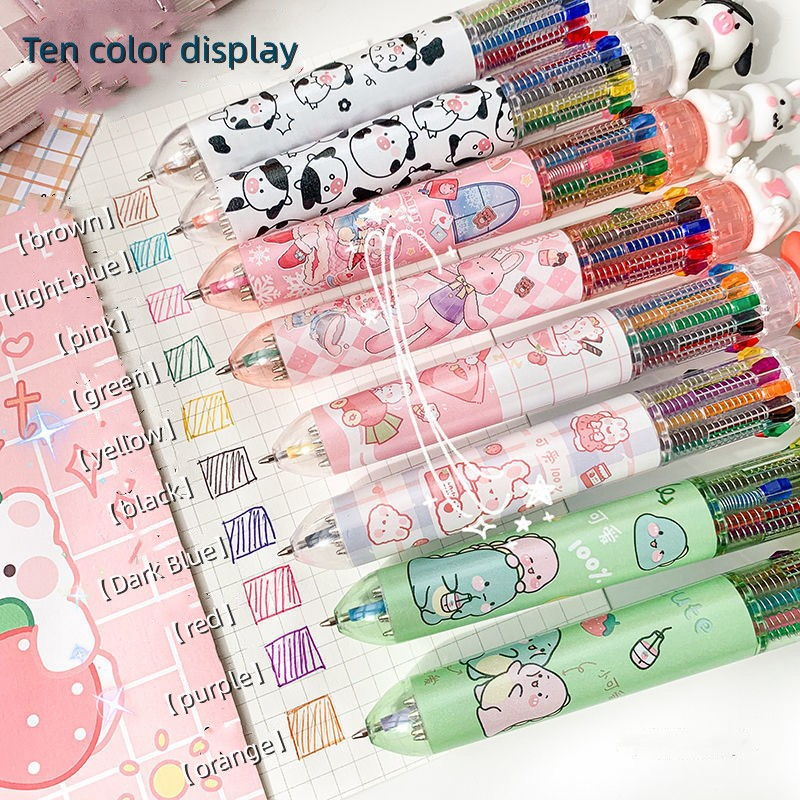 Cute cartoon ten in one push type colored ballpoint pen stationery ...