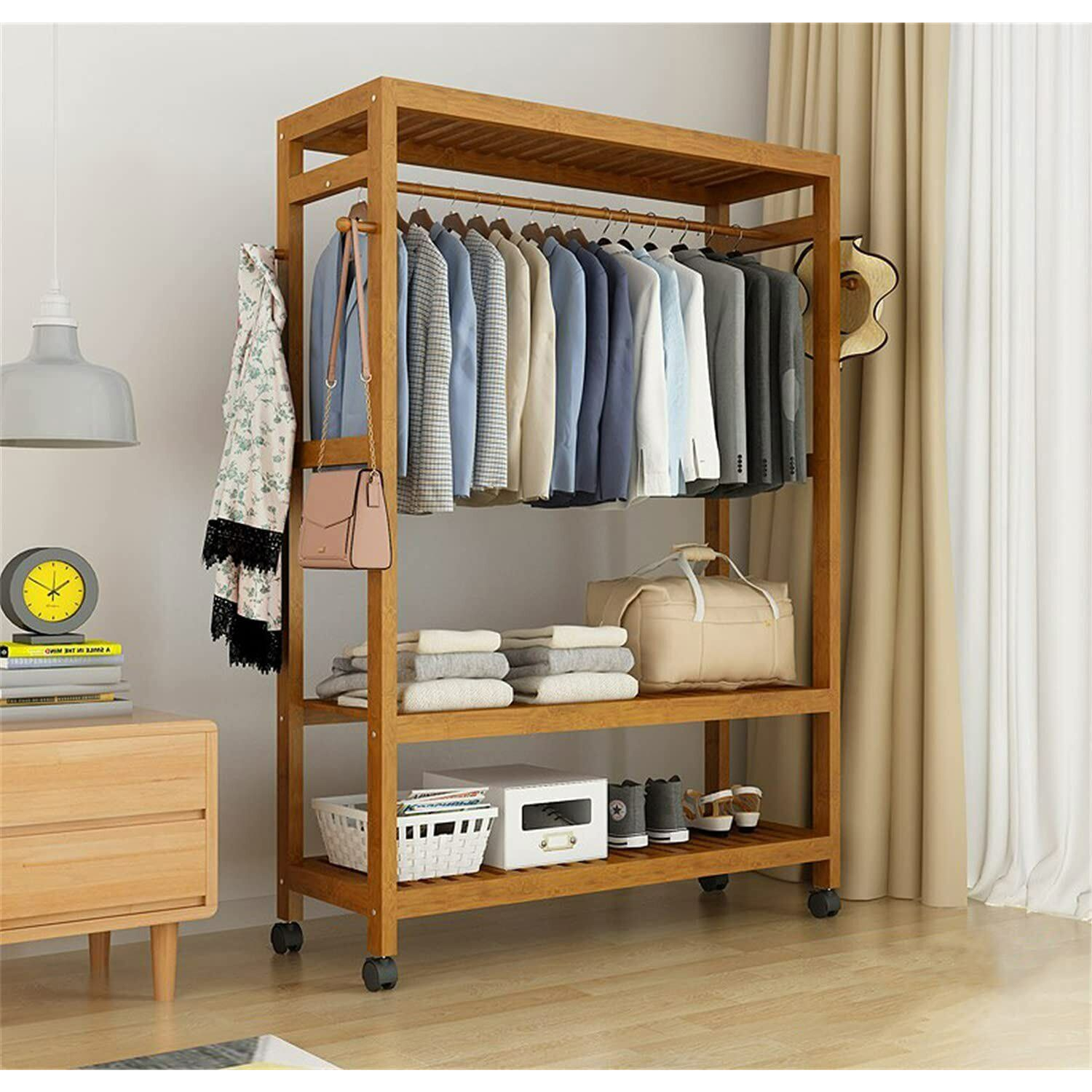 Heavy Duty Wooden Clothes Rail Garment Coat Rack Stand