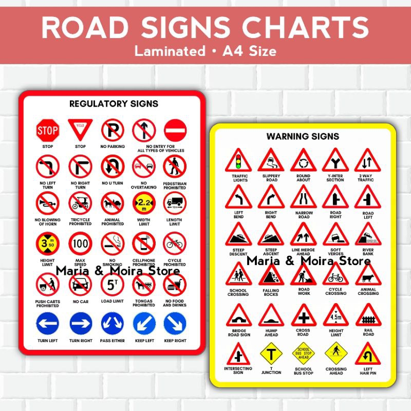 ROAD SIGNS CHARTS, A4 Size Laminated Traffic Signs Charts, Educational ...