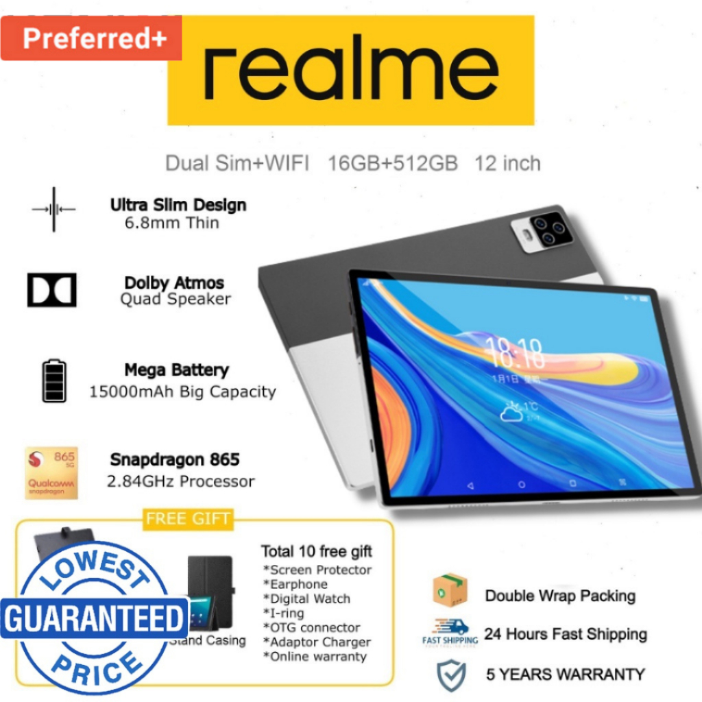 8.8 MEGA SALES Realme tablet 12+512GB Large Storage Android 12 Dual SIM