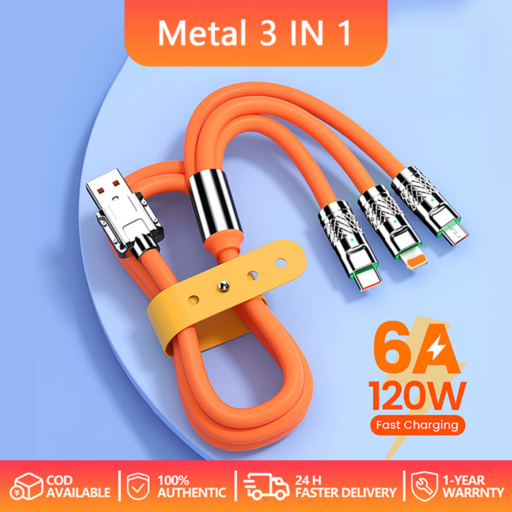 120W 6A 3 in 1 Super Fast Charging Cable Charger TypeC iOS Micro USB ...