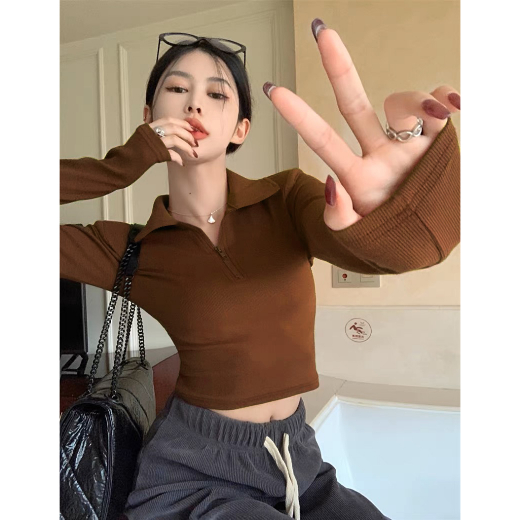 Korean Clothes Women Crop Top 2026.Angelcity Collar Tee With Zipper Crop Top Long Sleeve Tops Korean ...