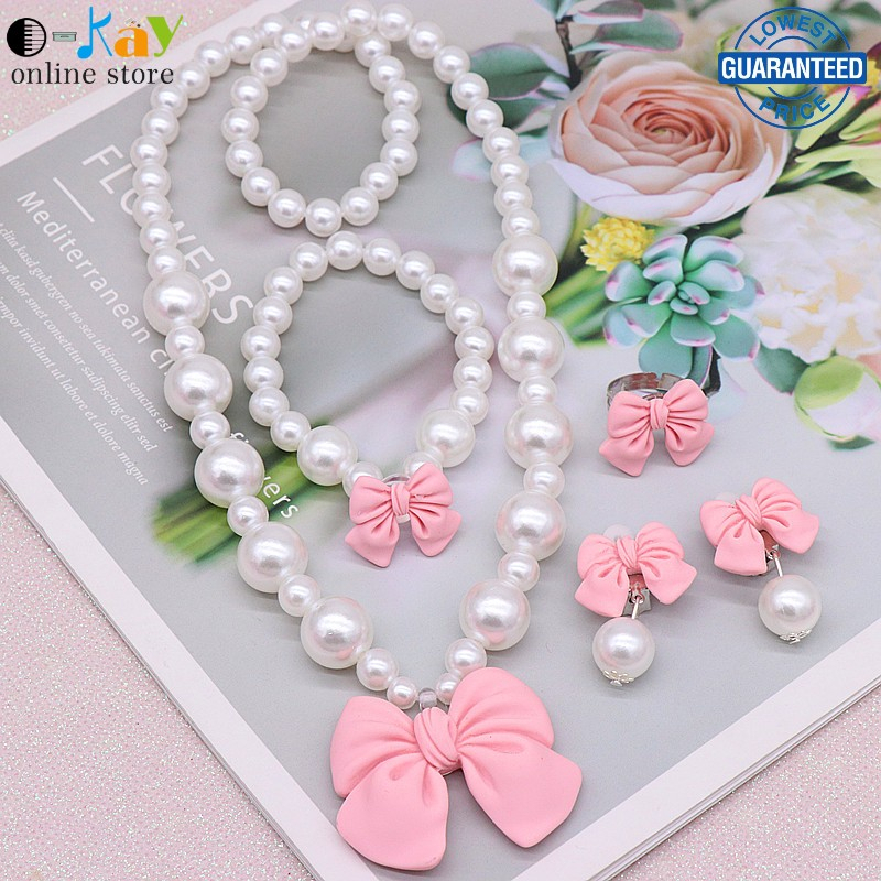 OKAY 5pcs/Set Children's Necklace Set Cute Bow Pearl Necklace Girl