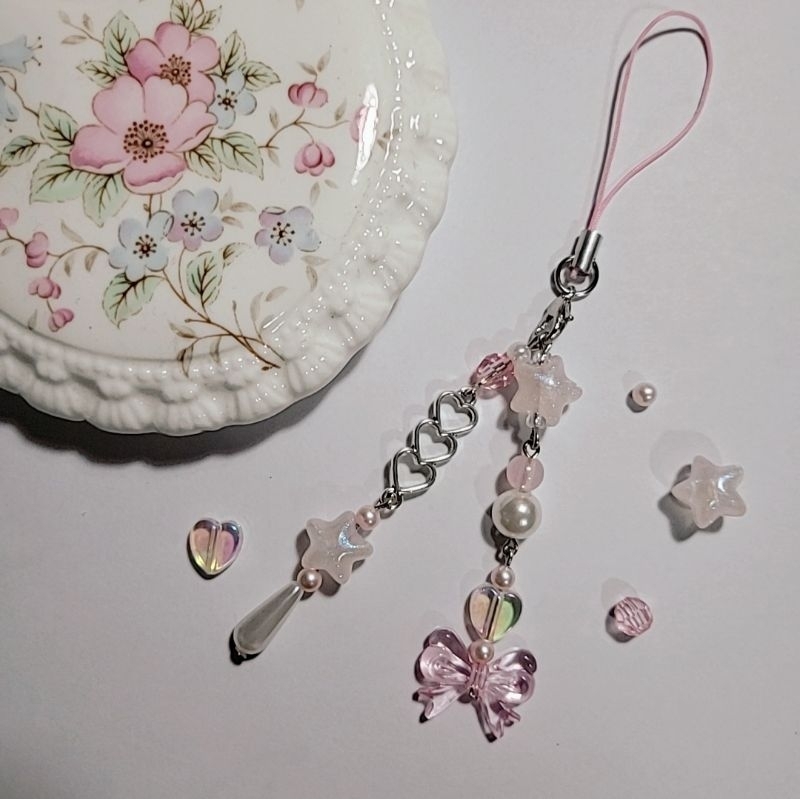 hand made bead keyrings ♡ phone charm keychain strap coquette pink cute ...