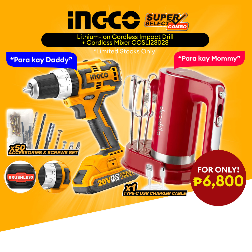 Exclusive Ingco Cordless Combo Kit Set Impact Drill w/ Kitchen Mixer