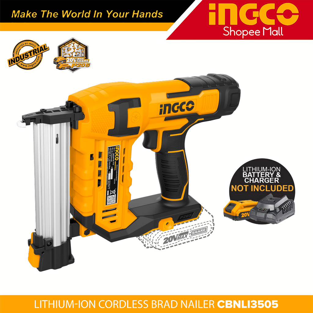 INGCO LiIon Cordless 20v Brad Nailer Gun 105PCS Capacity Air Brad