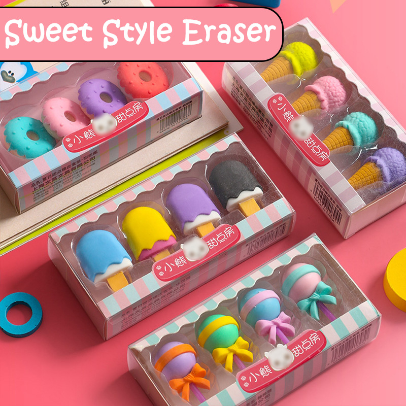 4Pcs/box Cute Eraser Donut Ice Cream Modeling Rubber Erasers Cleaning