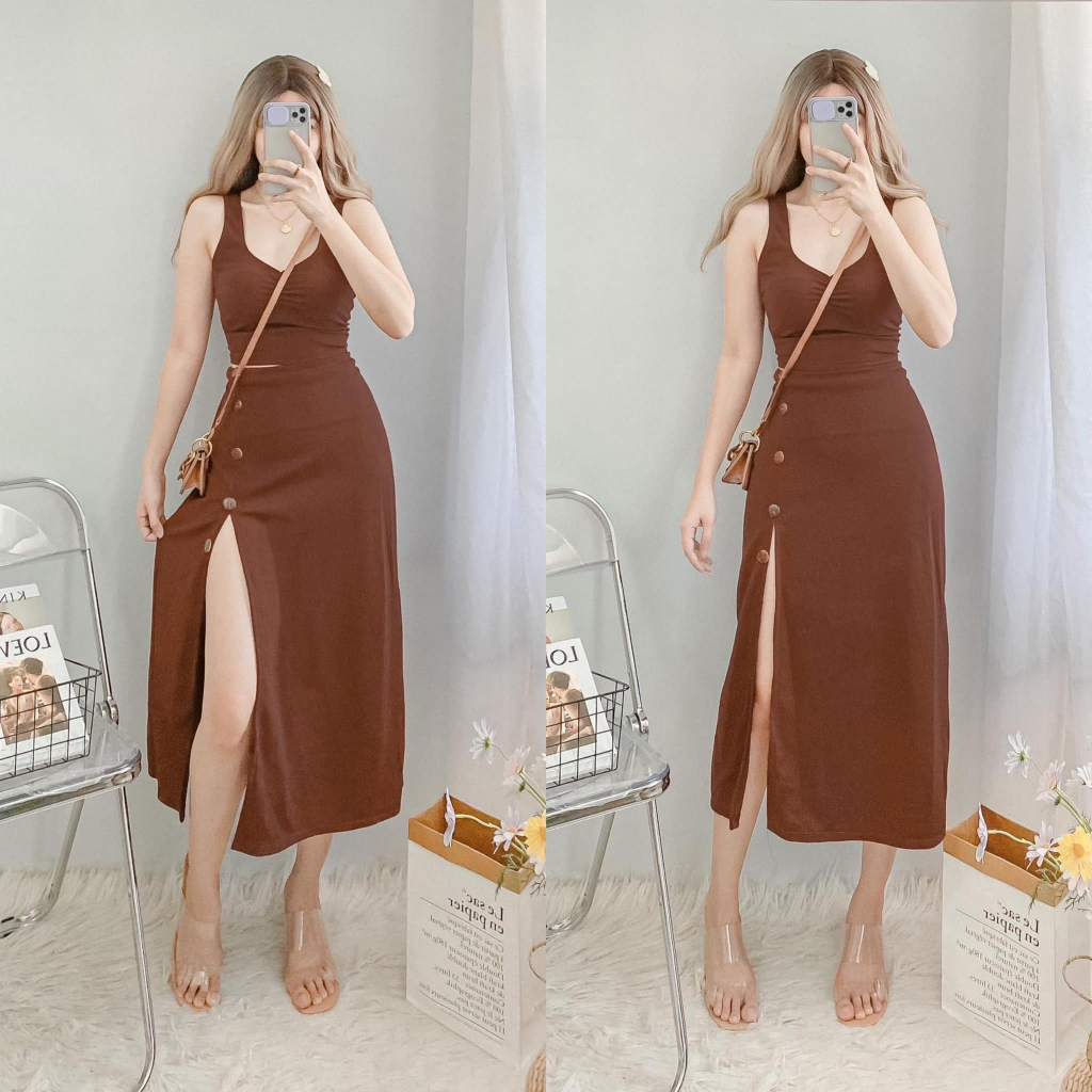 CLARA SLIT MIDI DRESS TERNO SOFT CREPE COORDINATES SKIRT THE FAB SHOPPE Shopee Philippines