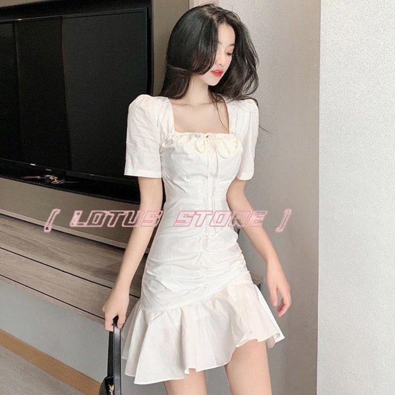 Graduation Korean white dress summer french fold square collar puff ...