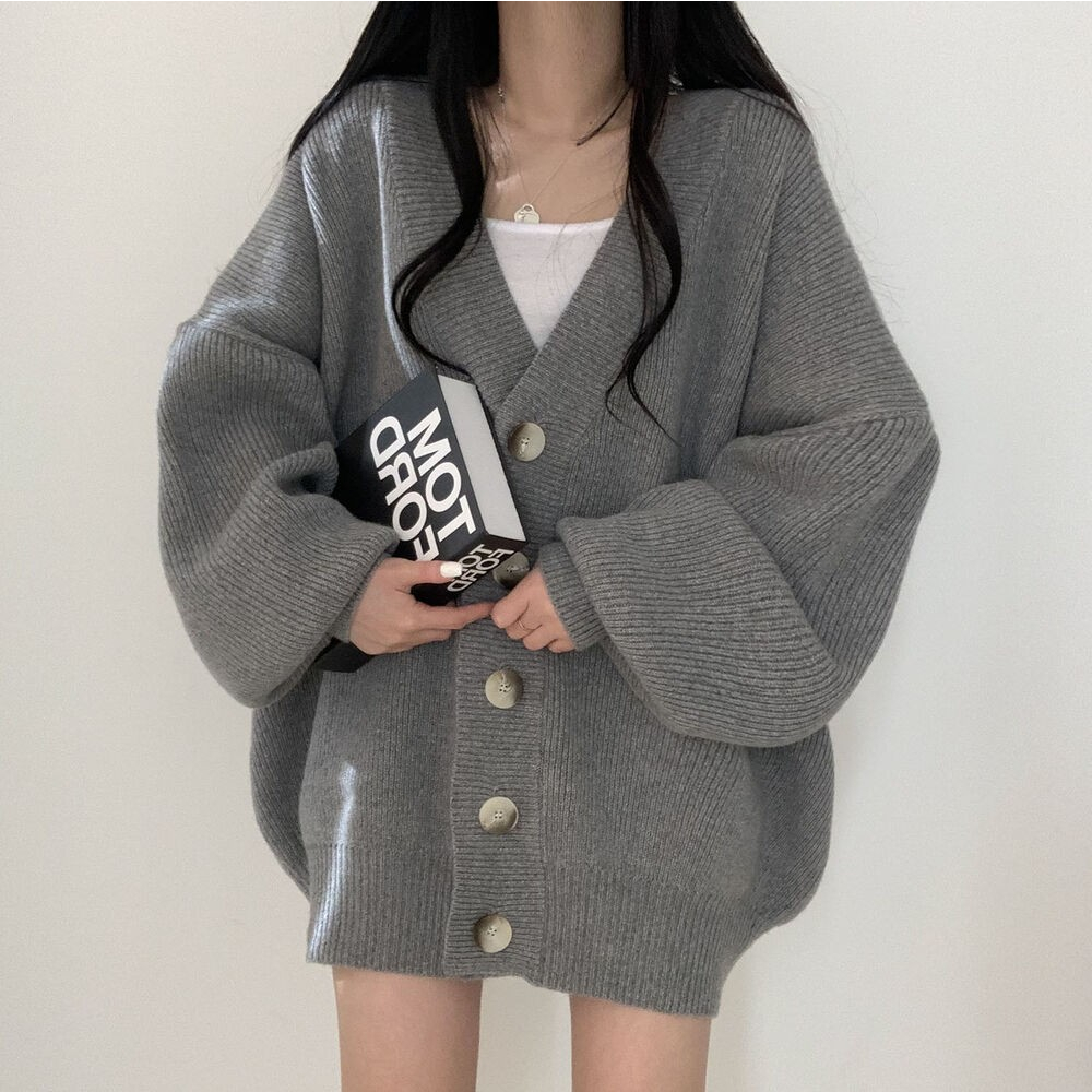 College lazy style V-neck single-breasted loose knitted cardigan ...