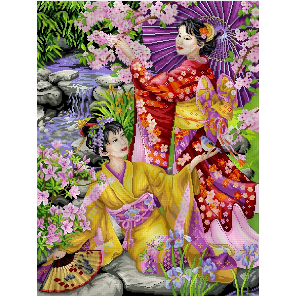 Cross Stitch PATTERN only -Two Geisha -Dressed in Spring Kimonos ...