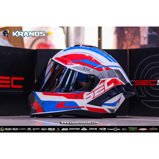 SEC HELMET ACE GUARDIAN WHITE RED BLUE INSTALL SILVER VISOR WITH FREE