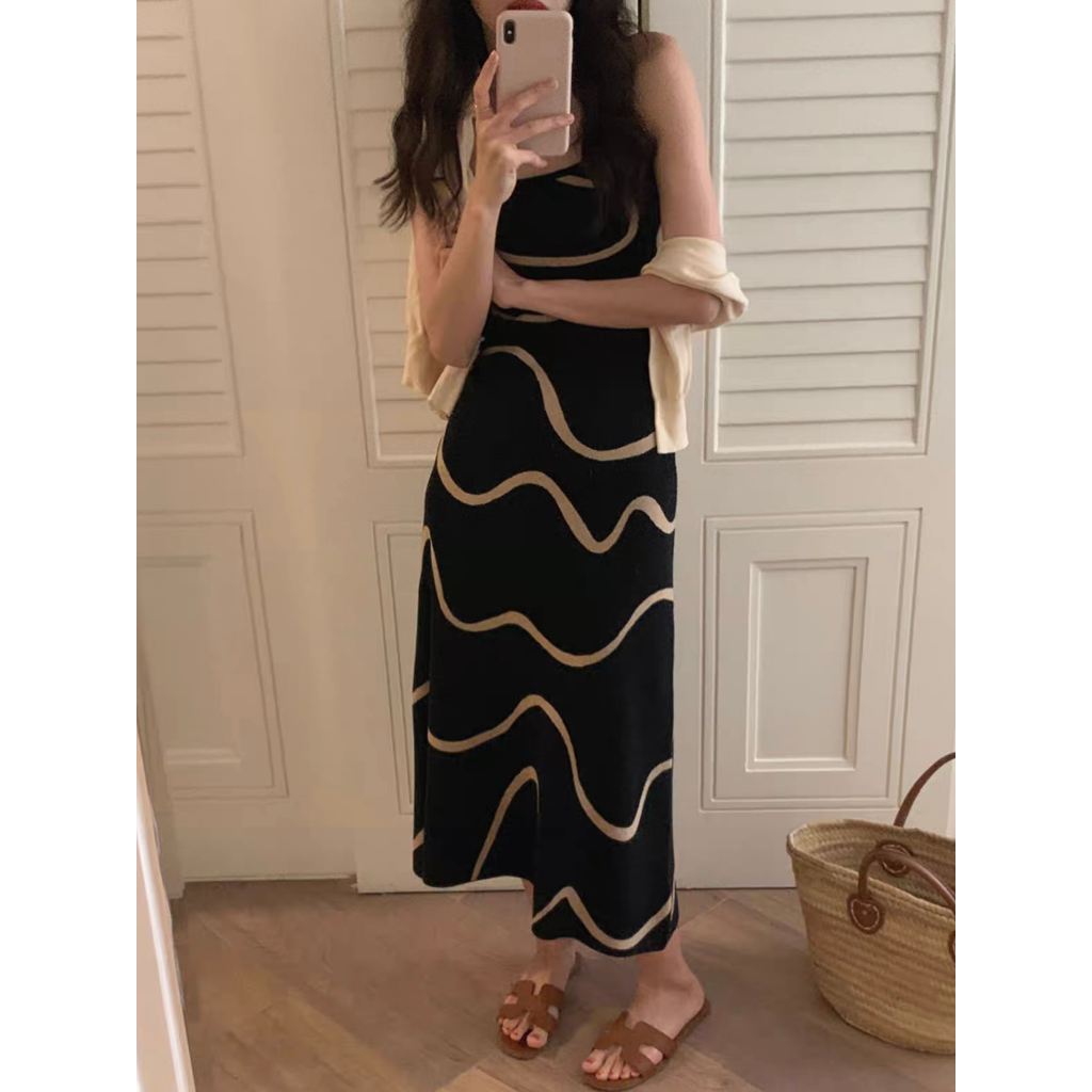 Melody Fashion Square Neck Wave Pattern Knitted Cami Dress M1078