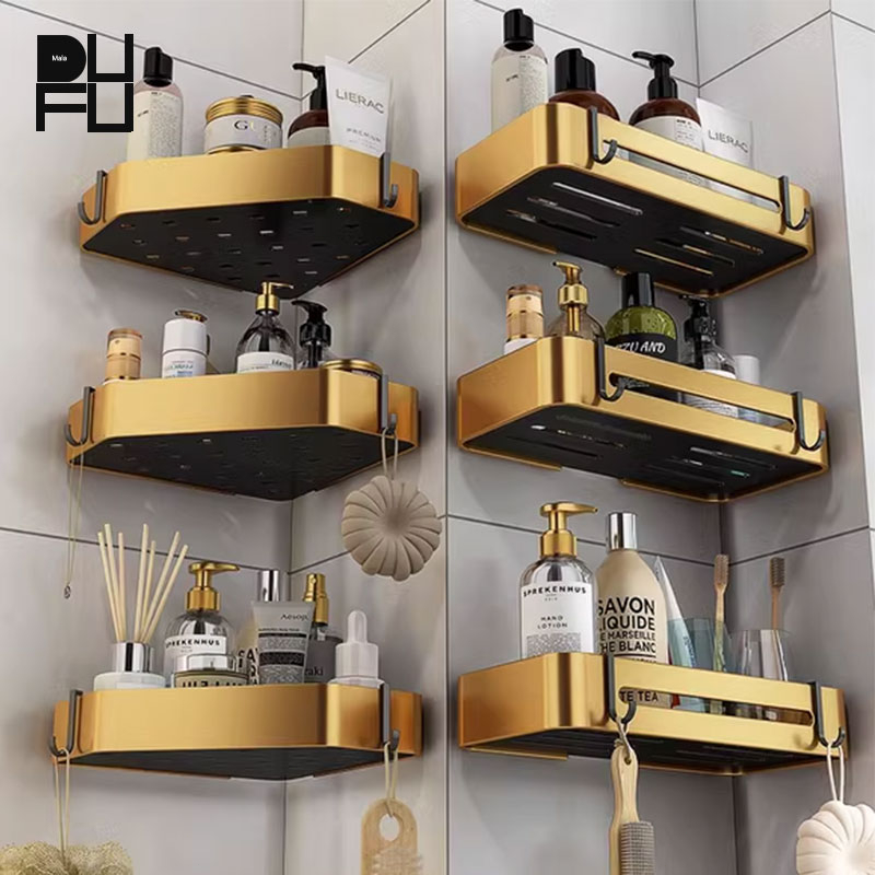 DUFU Stainless Bathroom Organizer Rack Black Gold Corner Shelf Tissue