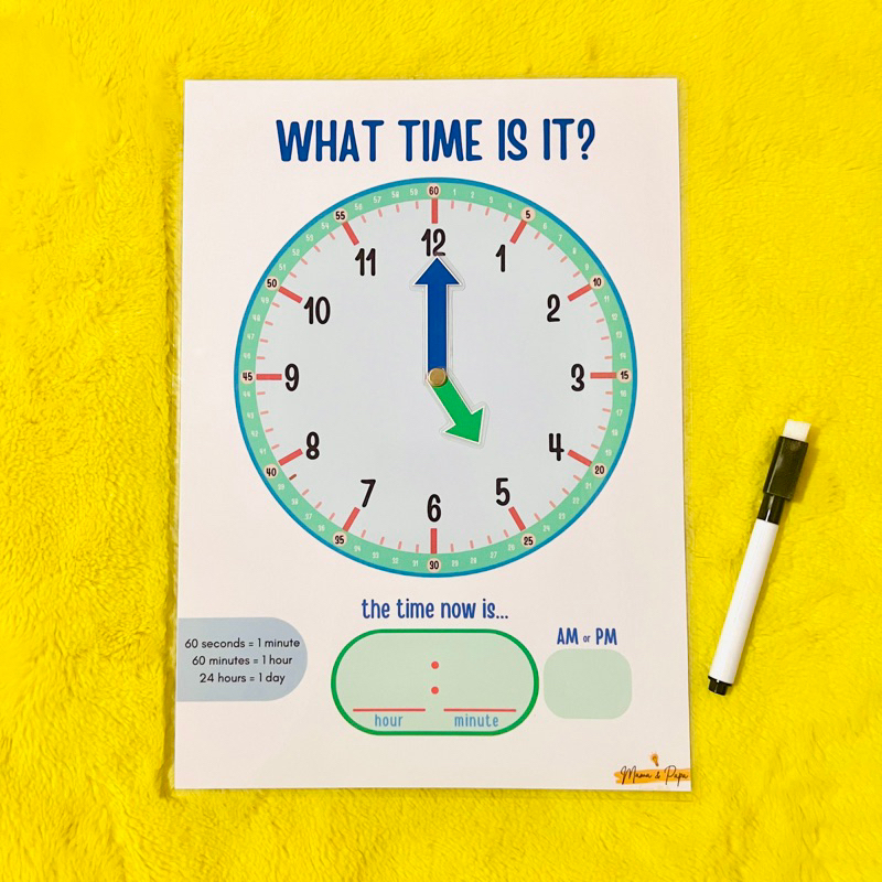 CLOCK telling time w/ movable hands | a4 Laminated FREE marker ...